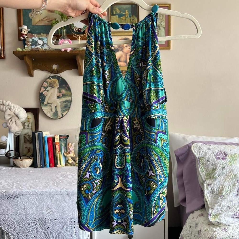 Vintage Cache Blue and Green Paisley Tank Top with beaded Key Hole size medium - Picture 5 of 5